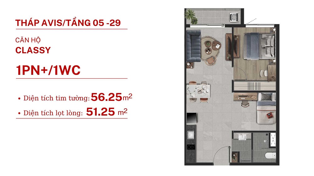 Thiết kế căn hộ 1 phòng ngủ tháp Avis dự án TT Avio
