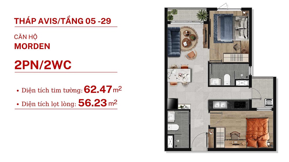 Thiết kế căn hộ 2 phòng ngủ tháp Avis dự án TT Avio