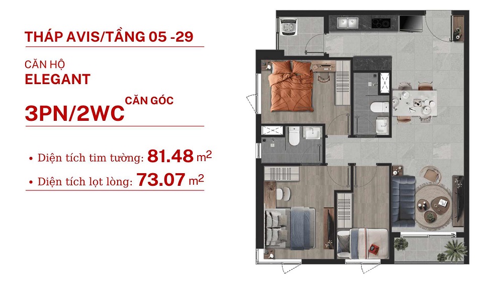 Thiết kế căn hộ 3 phòng ngủ tháp Avis dự án TT Avio